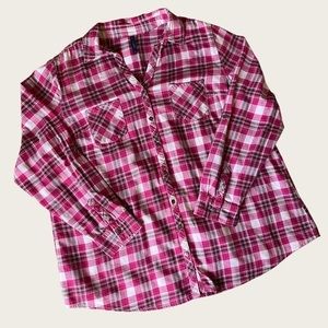 Lands End women’s pink and maroon plaid long sleeve button down plus size shirt